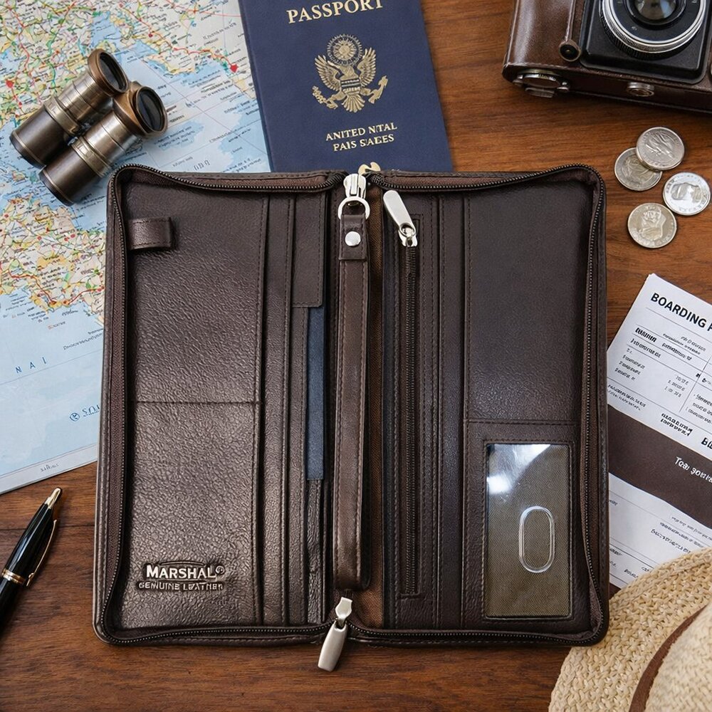 MARSHAL Brown Leather Zip Around Travel Document Organizer Wallet